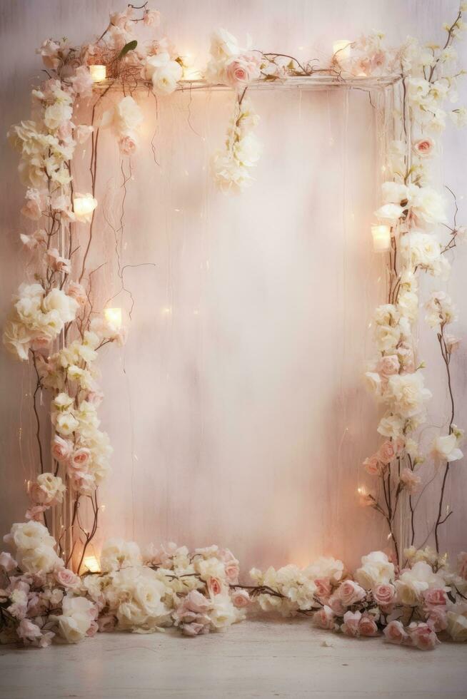 AI generated Romantic wedding background with space for vows, flowers, and timeless love photo