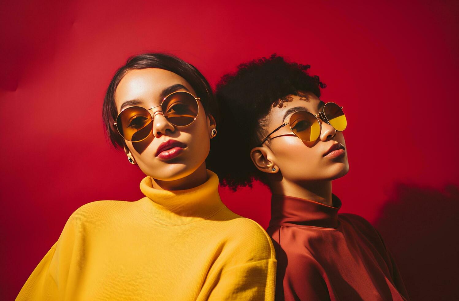 AI generated two young women wearing sunglasses stand on a yellow background photo