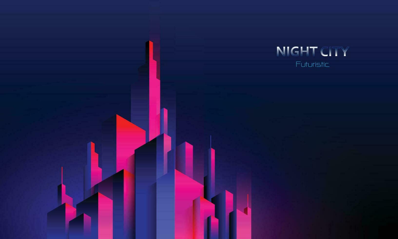 Futuristic night city. Cityscape on a dark background with bright and glowing neon purple and blue lights. Cyberpunk and retro wave style illustration. vector