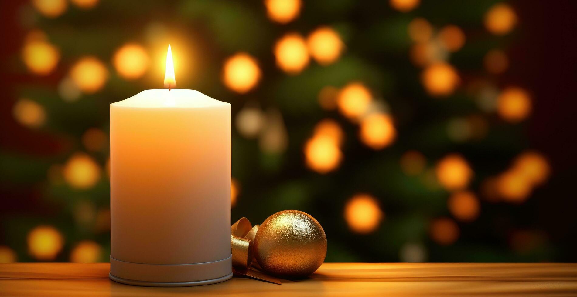 AI generated a candle hanging on a wooden table with greenery next to it photo