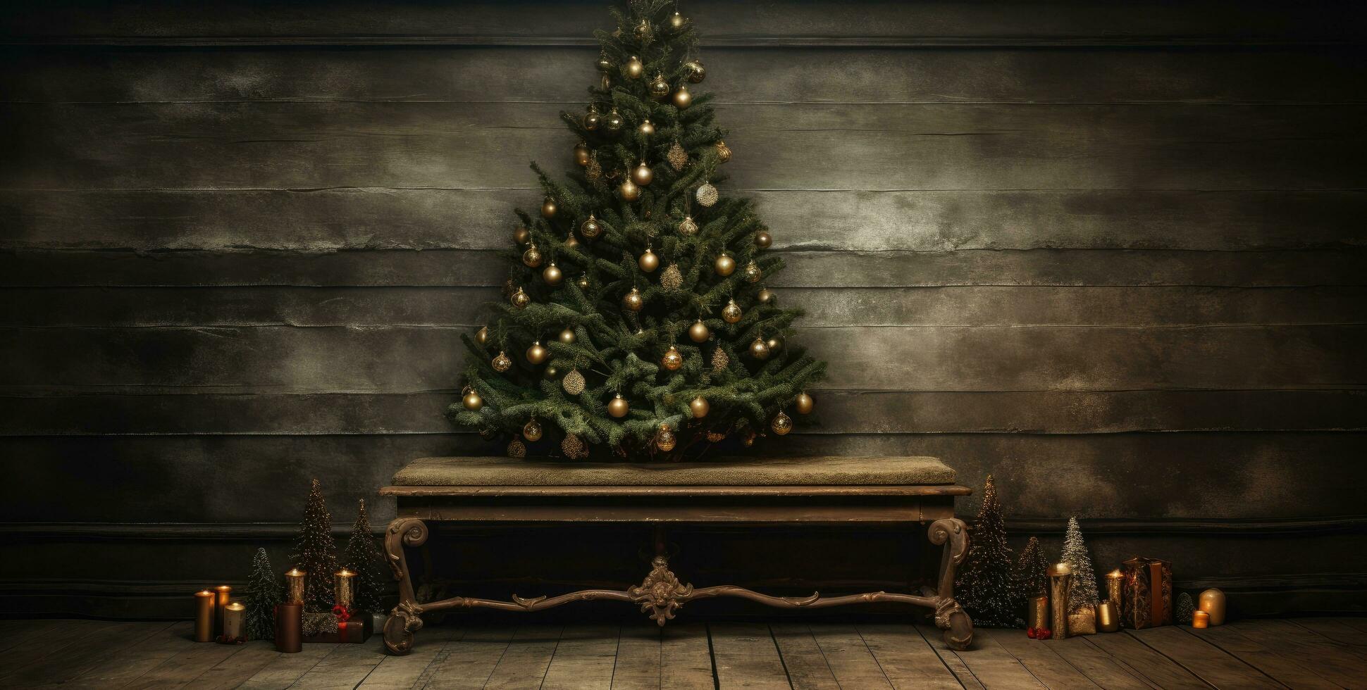 ai generado un Navidad árbol en un de madera mesa foto