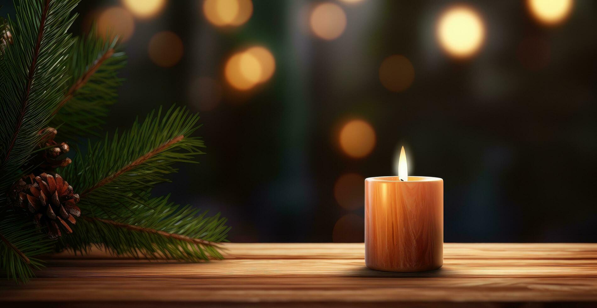 AI generated a candle hanging on a wooden table with greenery next to it photo