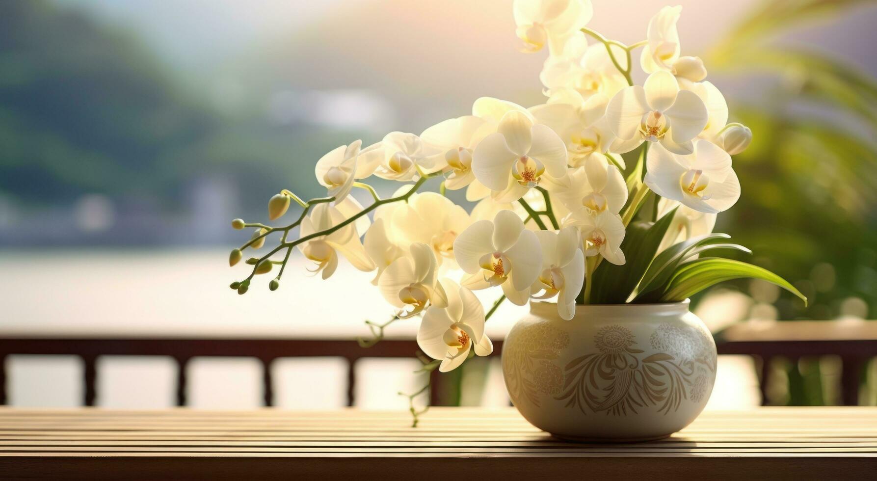 AI generated white orchids in vase on table with brown background, beach and mountains photo