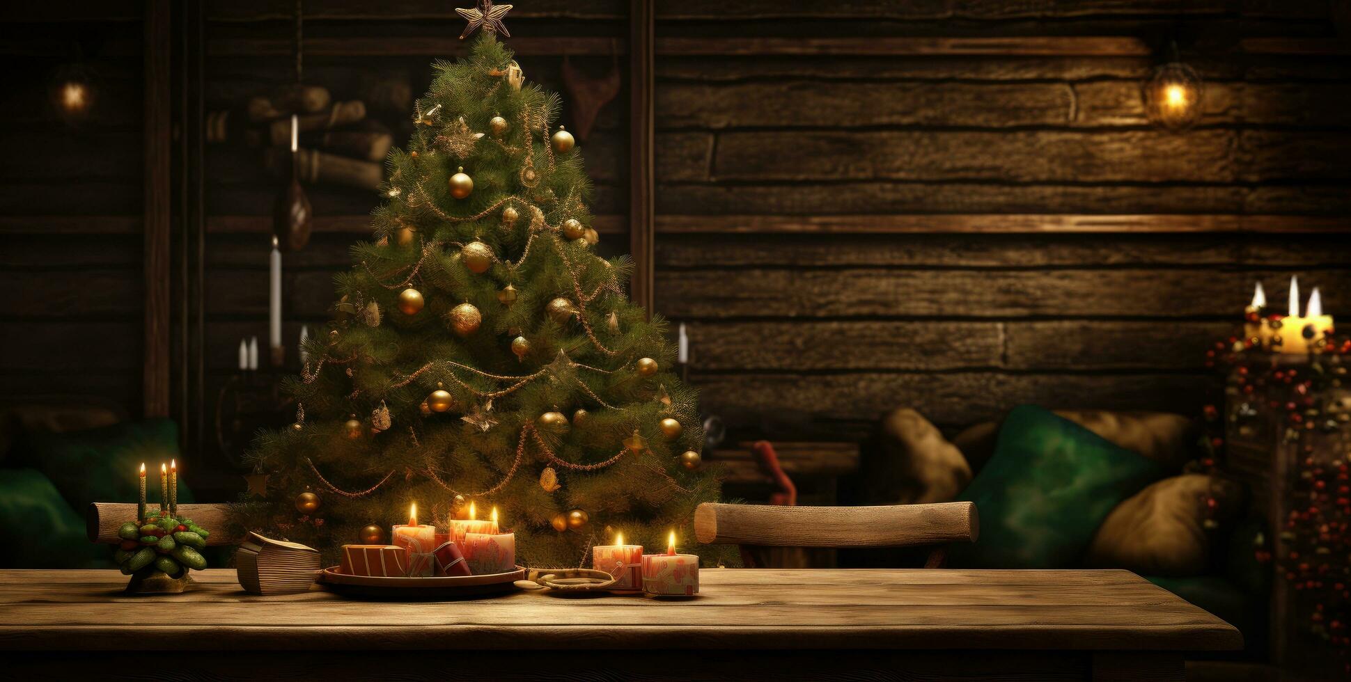 ai generado un Navidad árbol en un de madera mesa foto