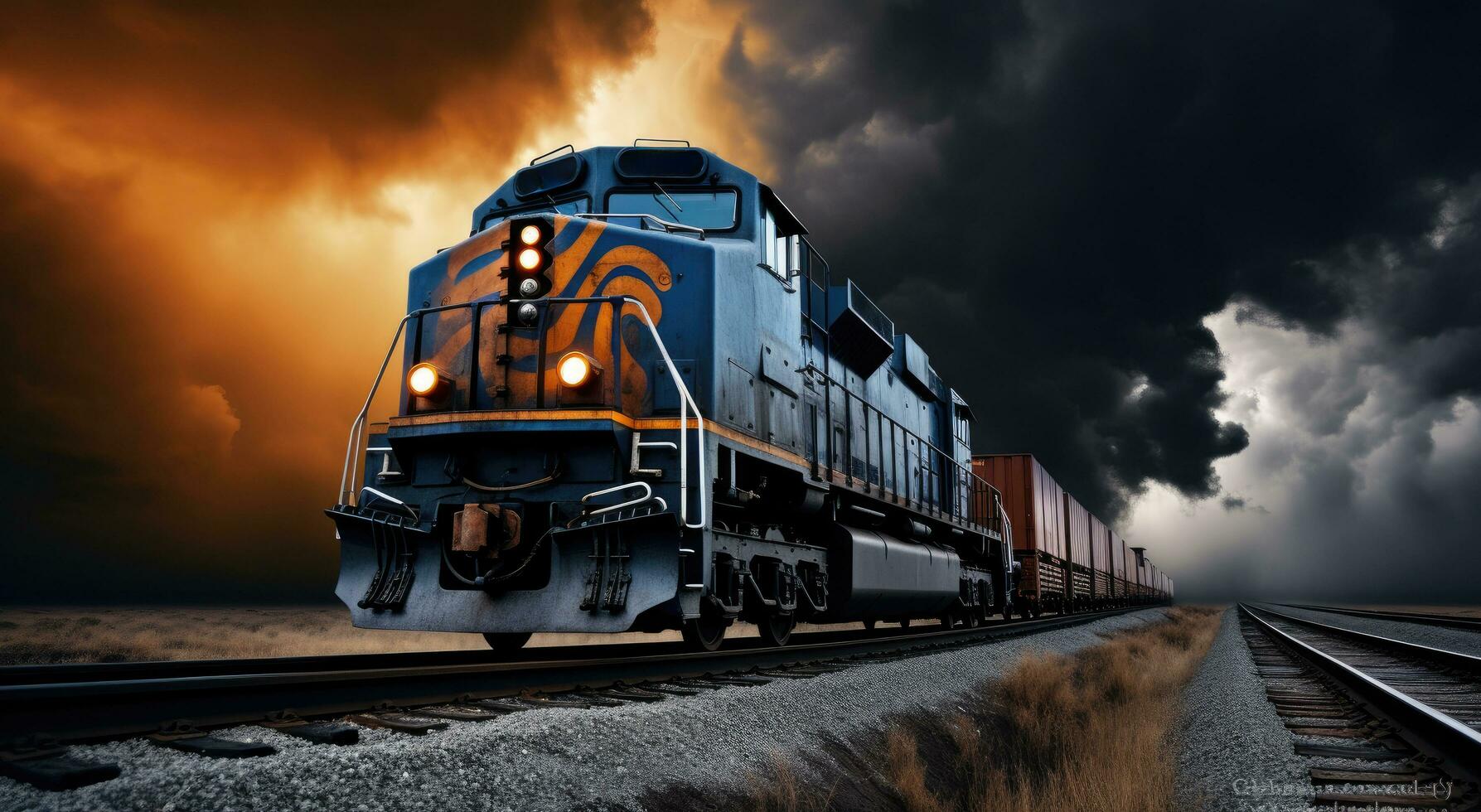 AI generated a blue and black train is on the tracks with a stormy sky photo