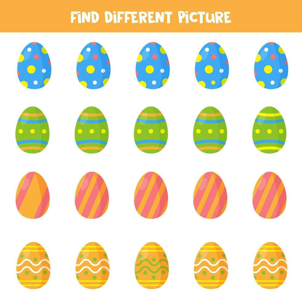 Find different Easter egg in each row. Logical game for preschool kids. vector