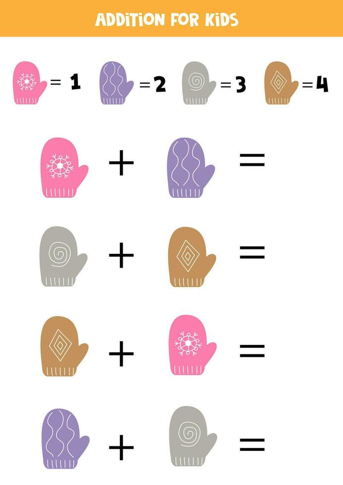 Addition for kids with cute cartoon colorful mittens. vector
