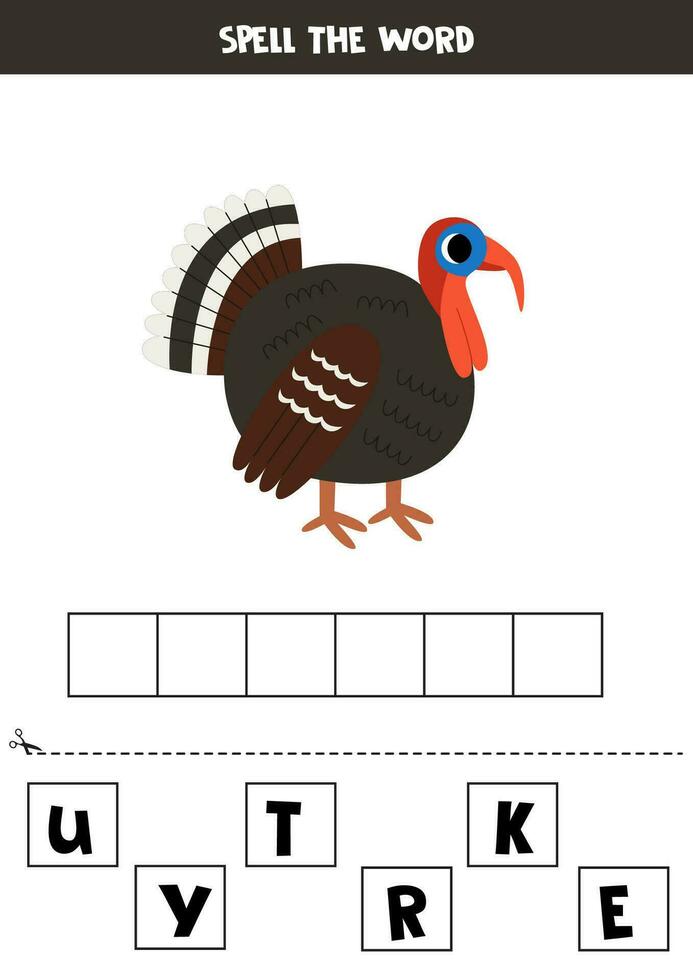 Spelling game for preschool kids. Cute cartoon turkey. vector