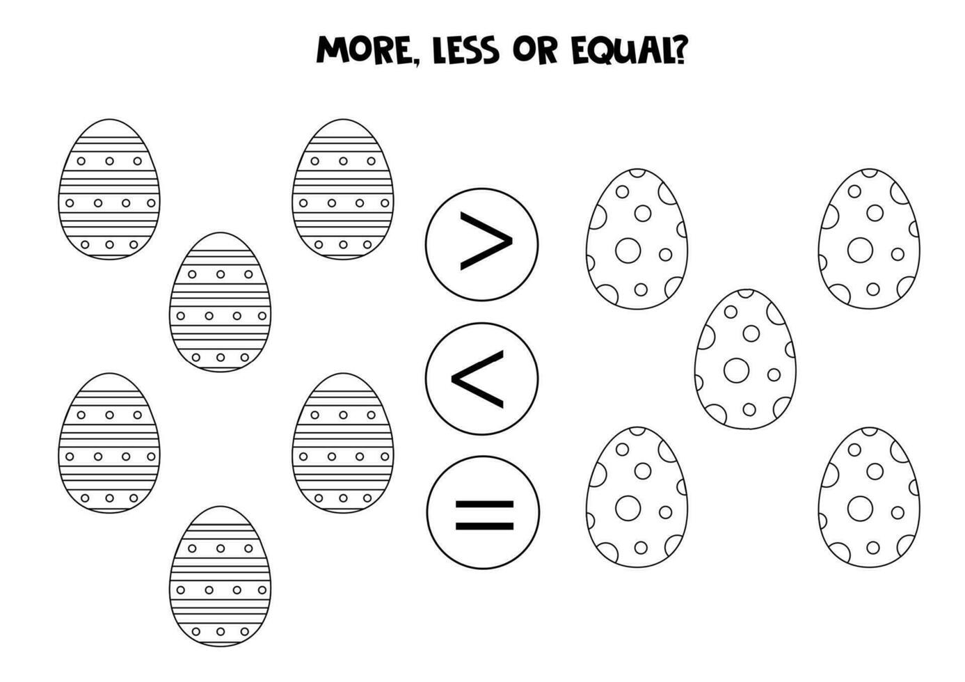 Grater, less or equal with cartoon black and white Easter eggs. vector