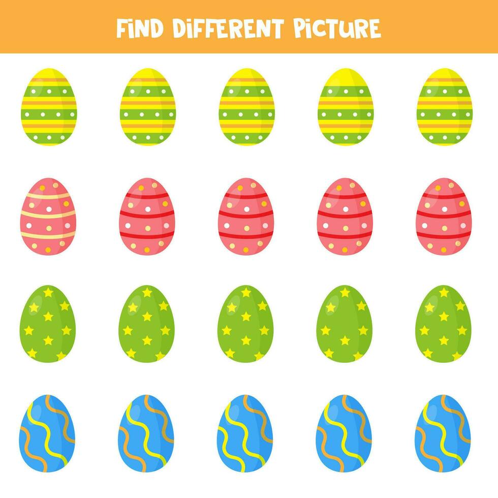 Find different Easter egg in each row. Logical game for preschool kids. vector