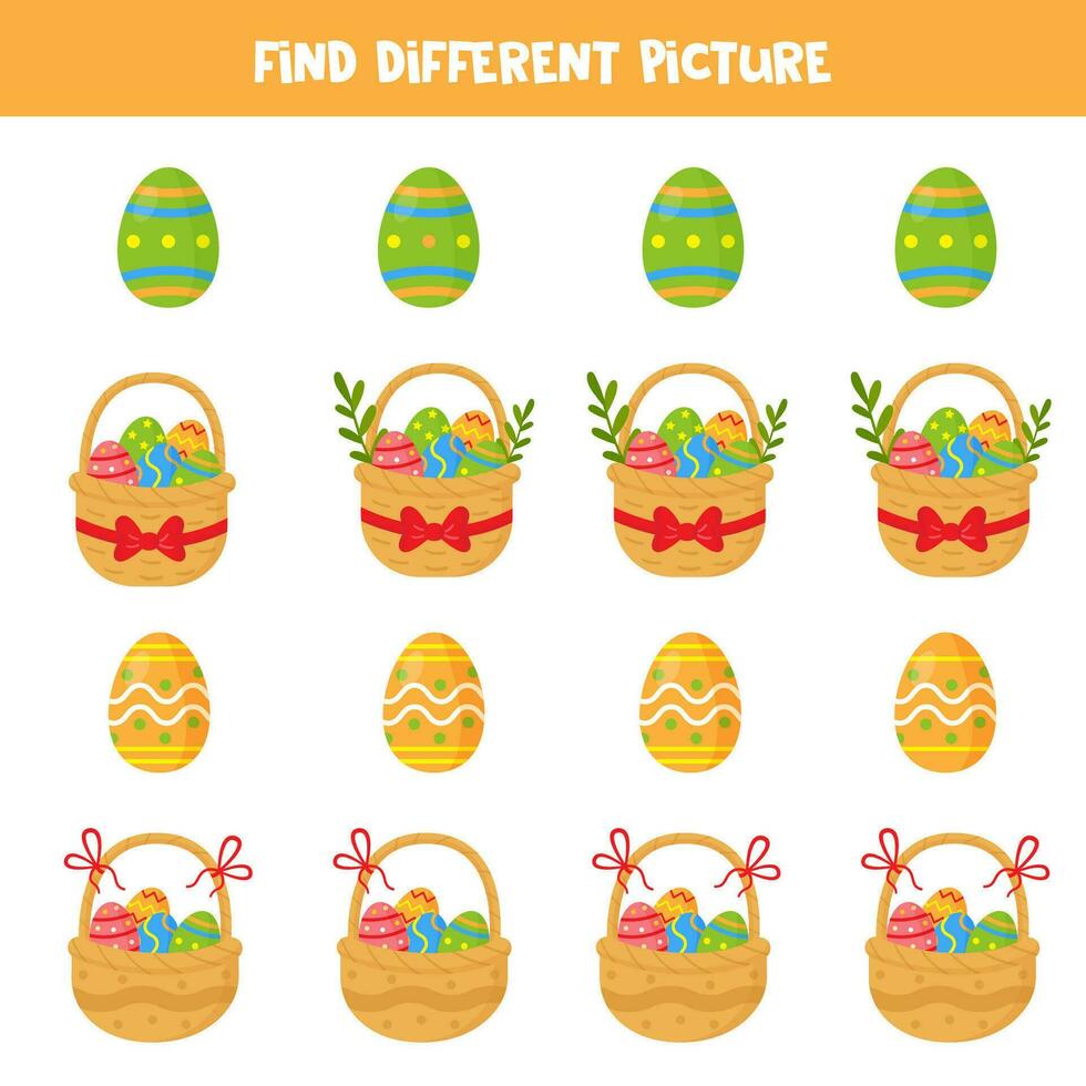Find different Easter basket and Easter egg in each row. Logical game for preschool kids. vector