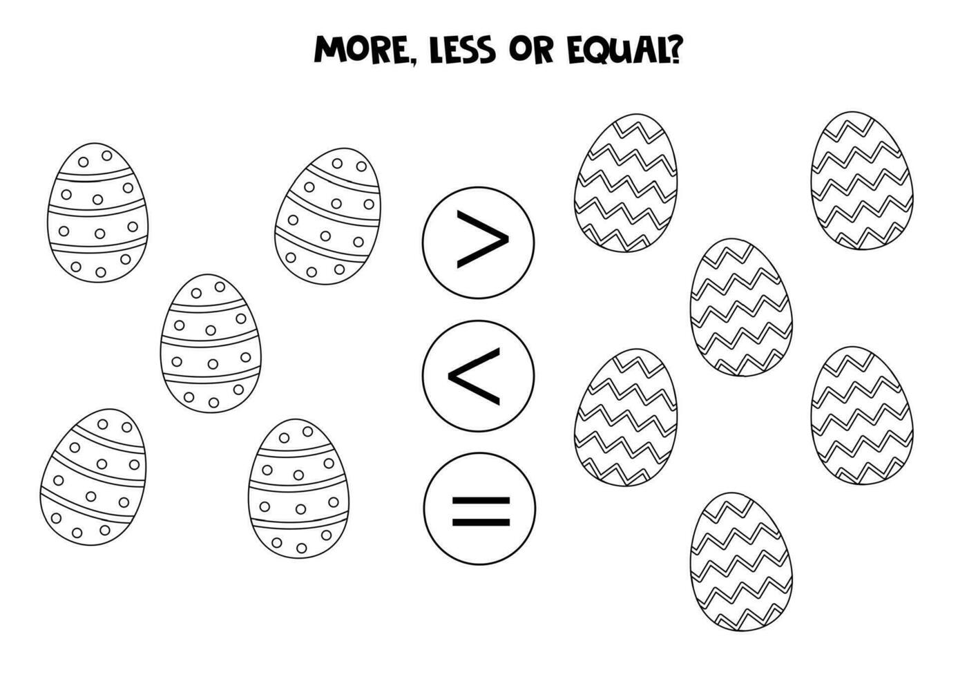 Grater, less or equal with cartoon black and white Easter eggs. vector