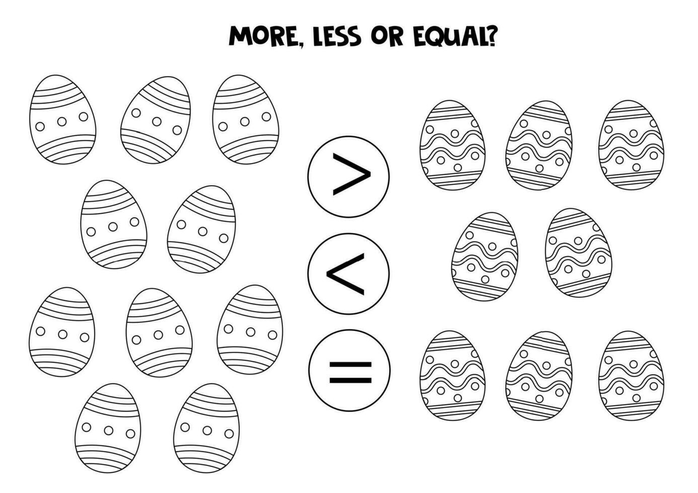 Grater, less or equal with cartoon black and white Easter eggs. vector