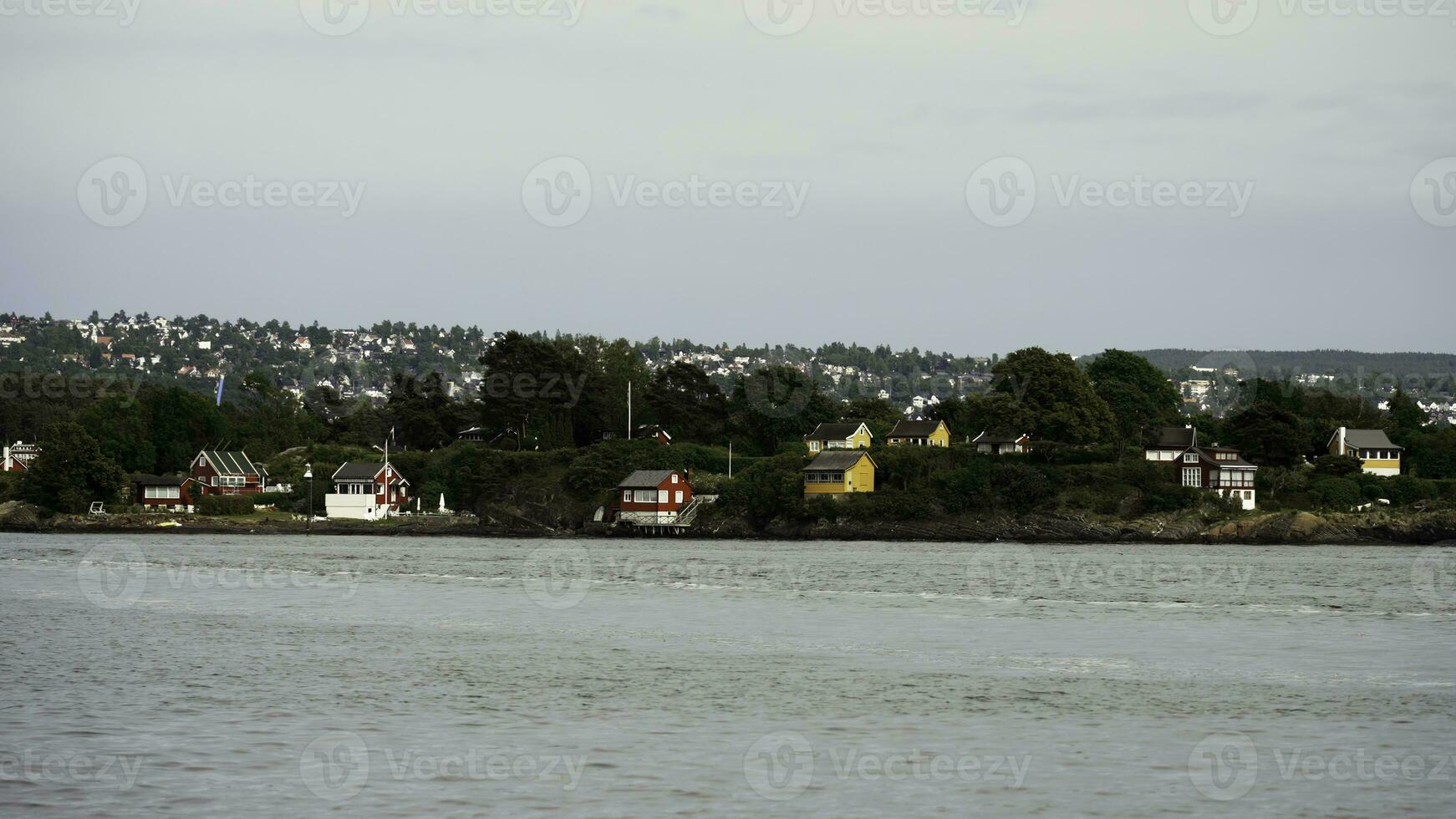 Natural landscape with rippling river and houses by the coast. Action. Countryside region, view from the river on a small town and green trees. photo