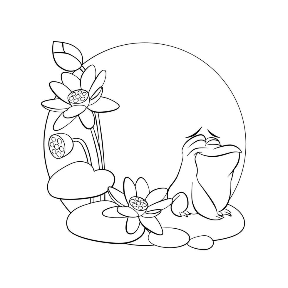 Coloring page of frog on a stone near lotuses vector