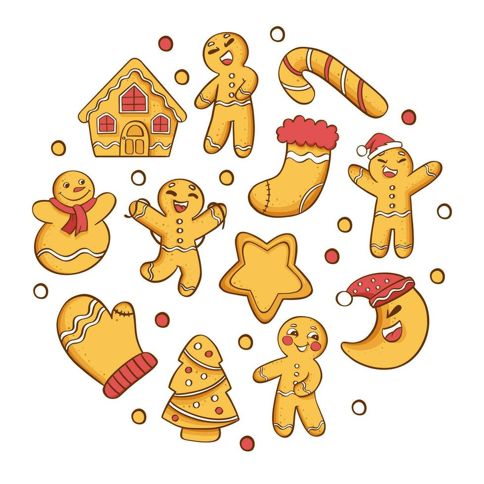 Gingerbread cookies Christmas large set. Vector illustration on a white background