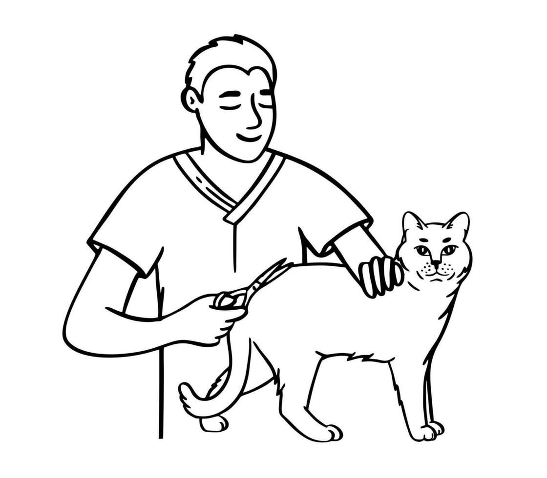 Pet grooming cat. Salon for animals. Doodle style animal and character hand drawn. Vector illustration.