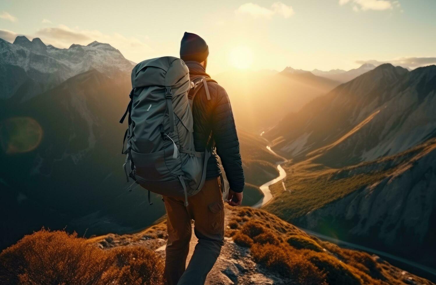 AI generated man hiking with backpack against beautiful mountain scene with mountain range photo