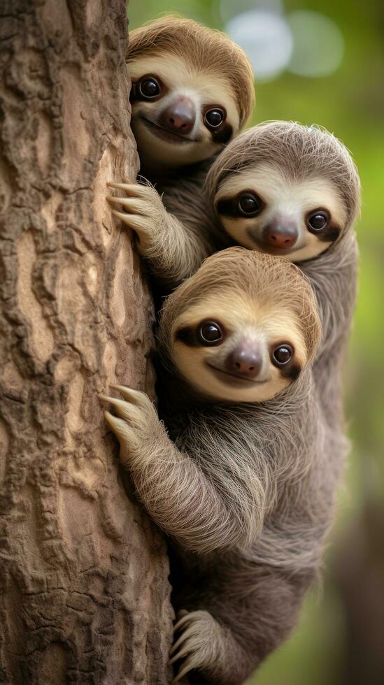 AI generated A family of adorable sloths clings contentedly to a tree trunk photo
