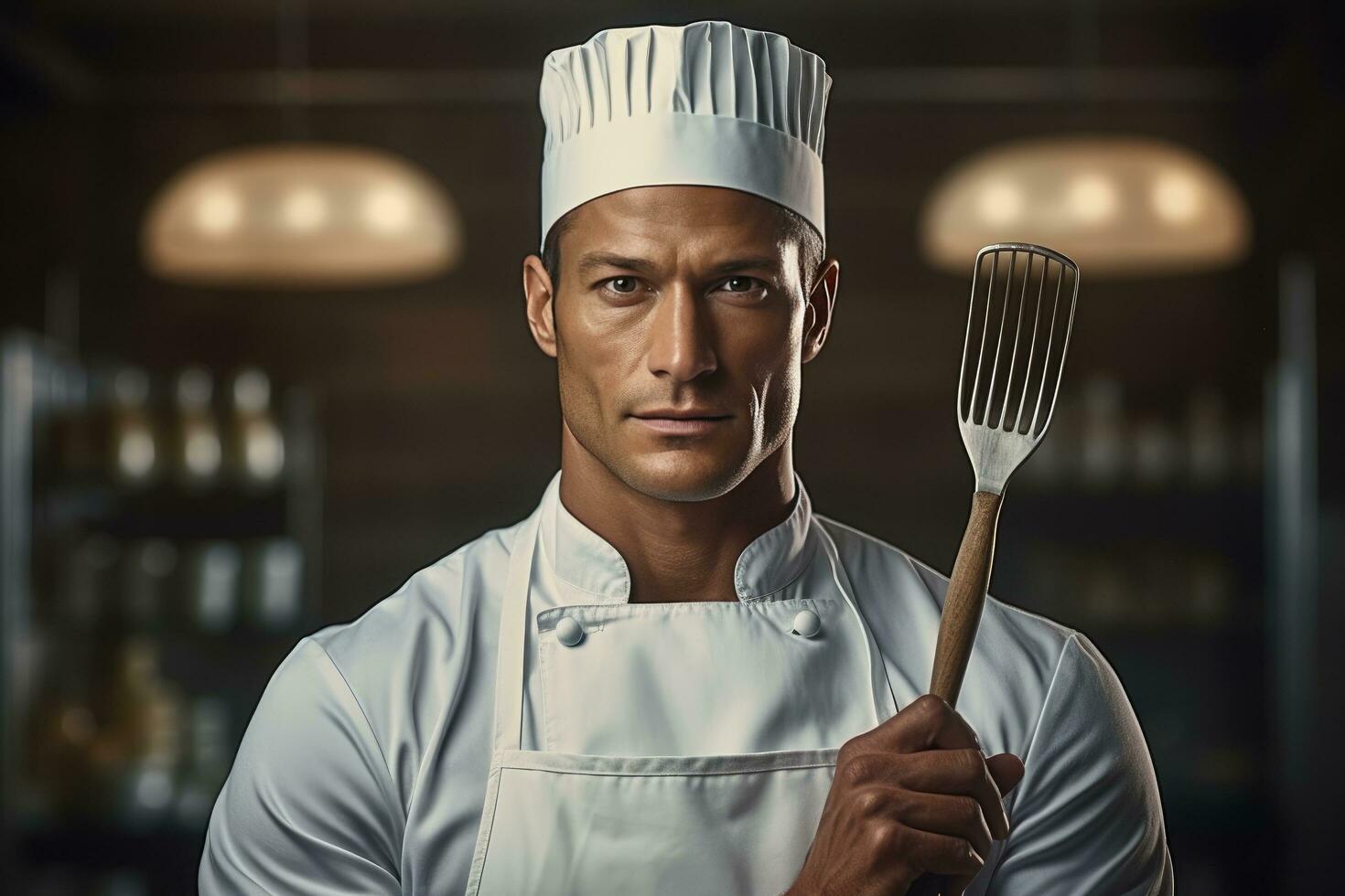 AI generated A close-up shot of a handsome chef holding a whisk with a serious look on his face photo