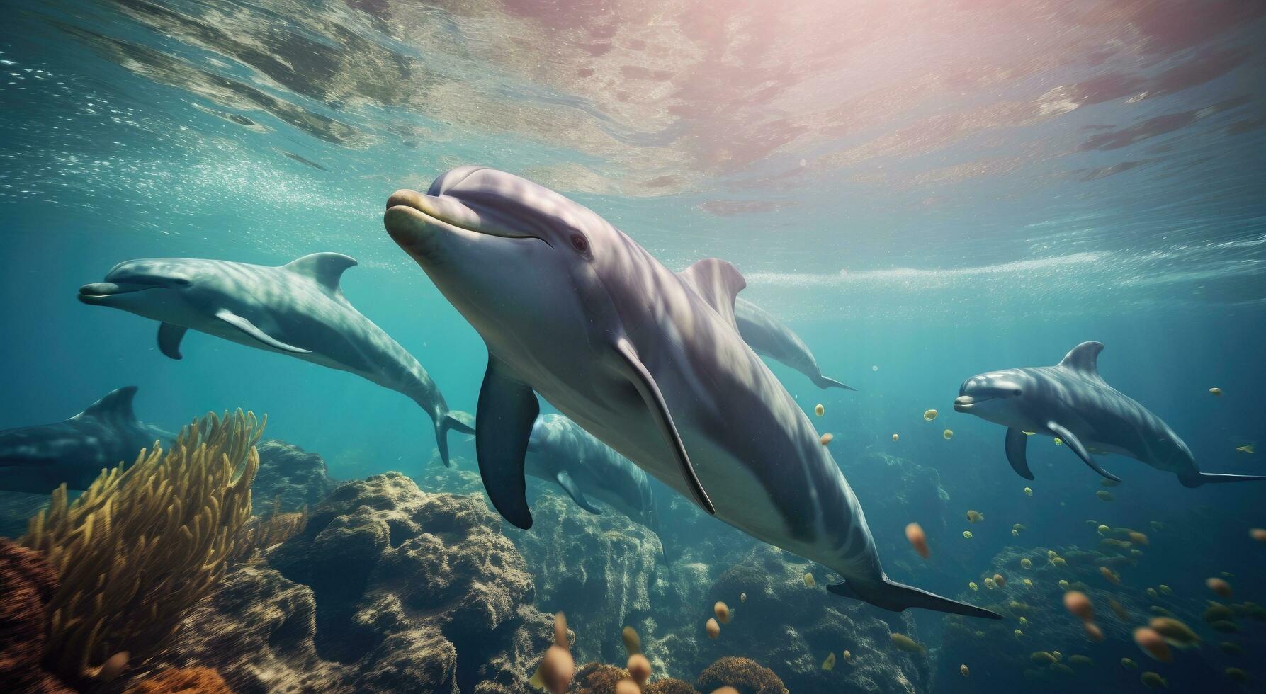 ai generado delfín y delfines nadando en el Oceano con Dom fuera foto