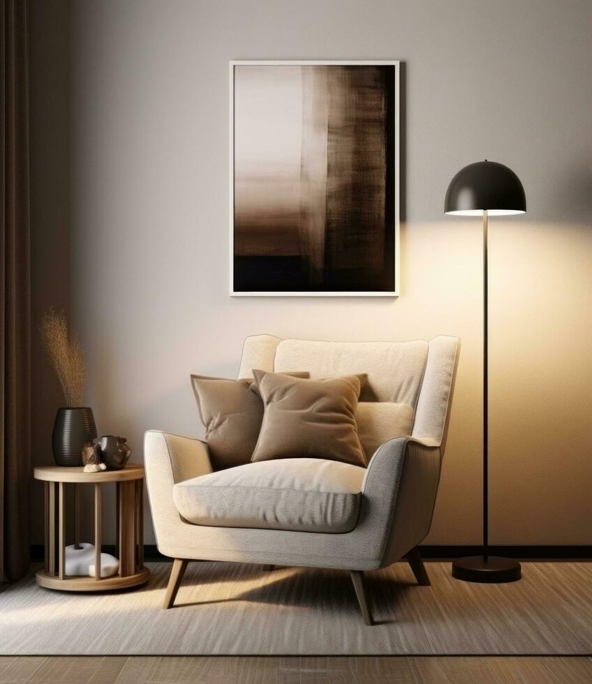 AI generated living room with sofa, chair, coffee table and lamp photo