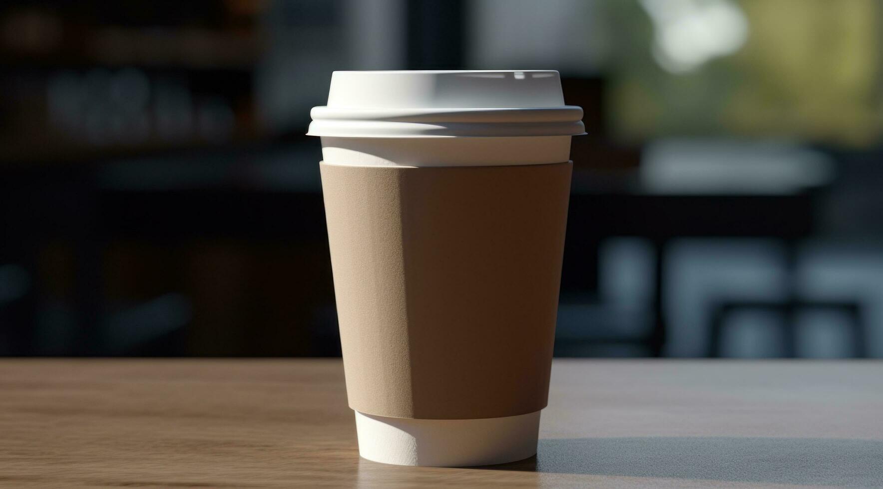 AI generated image of a coffee cup with a lid on a table photo