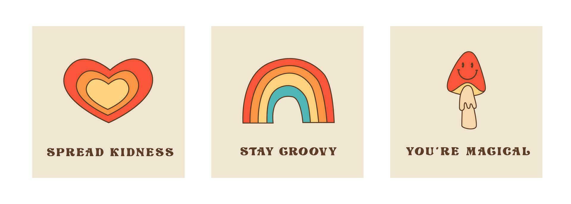 conjunto de retro tarjetas o carteles con frases en 60s 70s estilo. hippie cultura citas con Clásico pegatina. psicodélico seta con sonriente rostro, corazón y arco iris íconos con maravilloso fuente. vector .