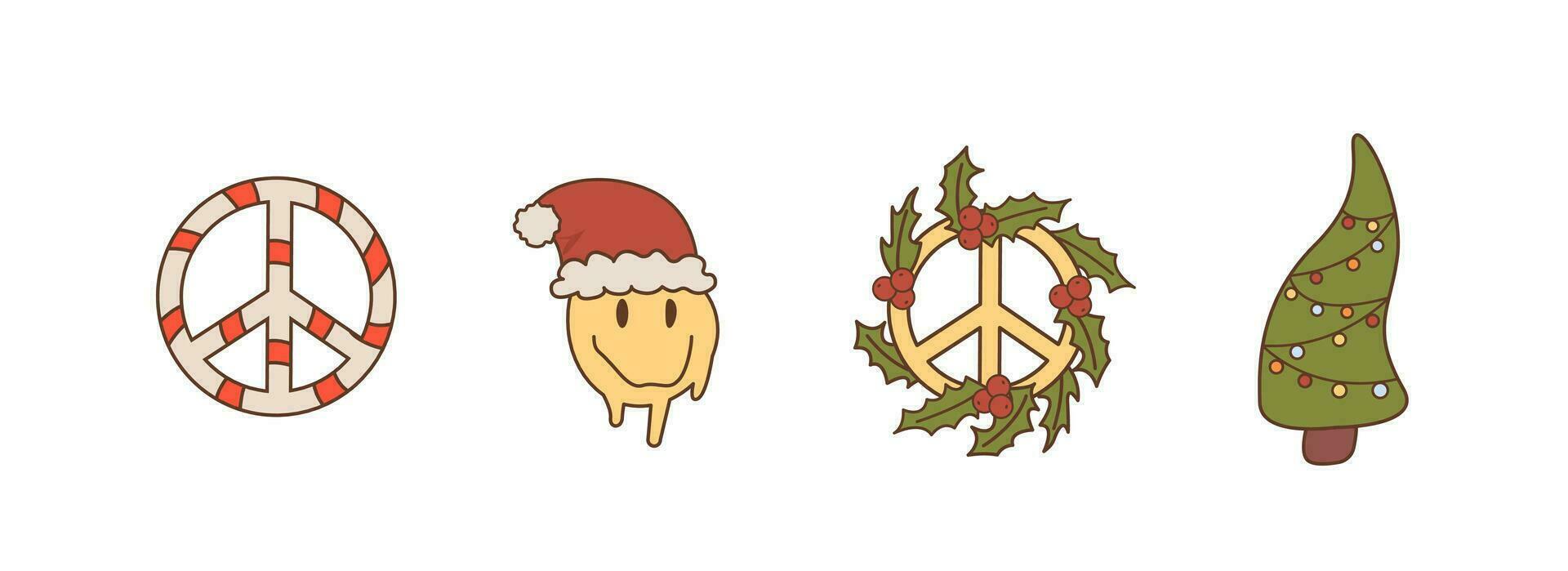 Groovy retro hippie Christmas set. Trippy xmas tree, peace sign, smile face with santa hat, hippie symbol with mistletoe. 60s 70s inspired trendy collection of isolated stickers and vector elements.