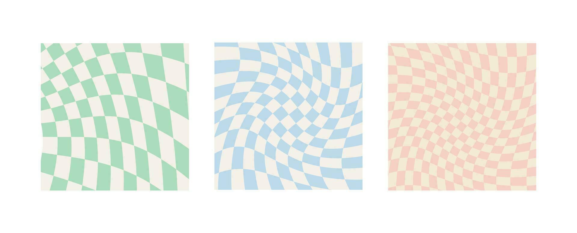 Set of twisted checkerboard backgrounds in pale pastel colors. Groovy hippie chessboard pattern. Retro wavy 60s 70s abstract psychedelic design. Gingham vector wallpaper collection for print.