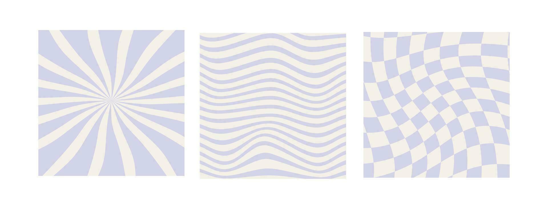 Set of checkerboard, wavy and sun rays backgrounds in pale pastel violet color. Groovy hippie chessboard pattern. Retro 60s 70s psychedelic wavy design. Gingham vector wallpaper collection templates.