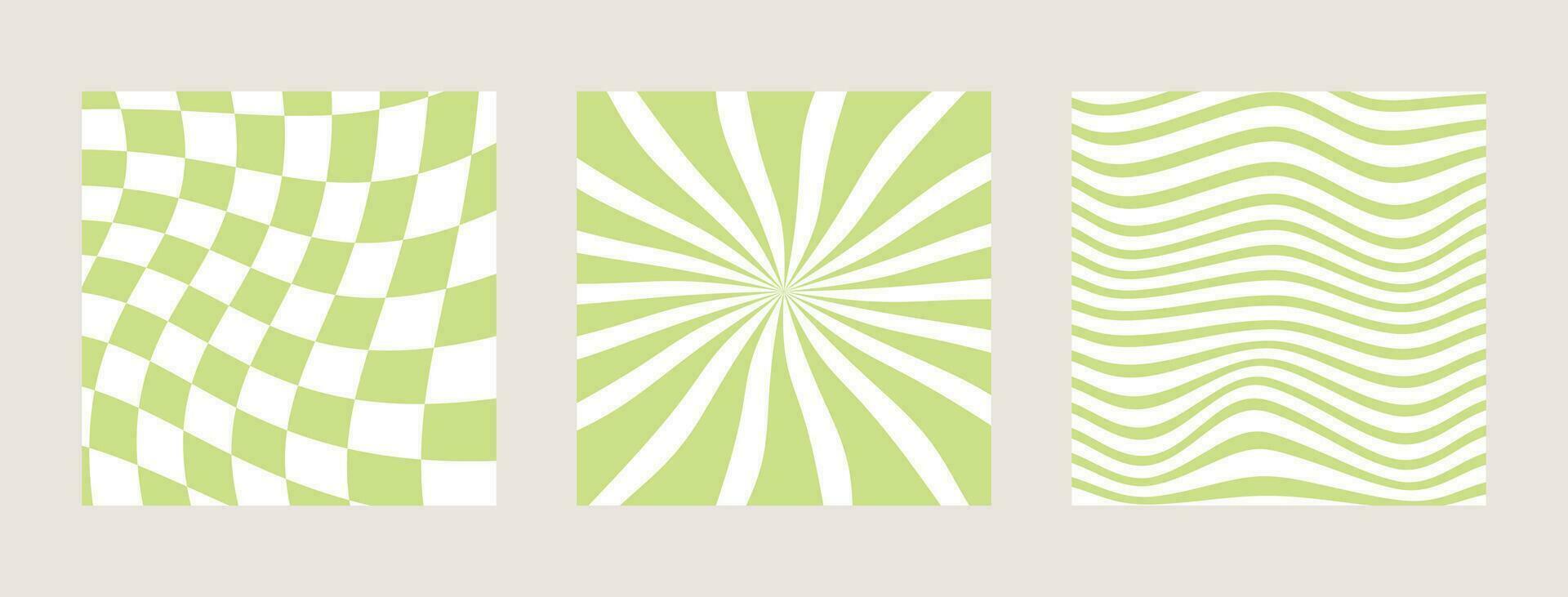 Set of twisted gingham checkerboard, swirl and wave background in lime nouveau green summer color. Groovy hippie chessboard pattern. Retro wavy 60s 70s abstract psychedelic design. Vector illustration
