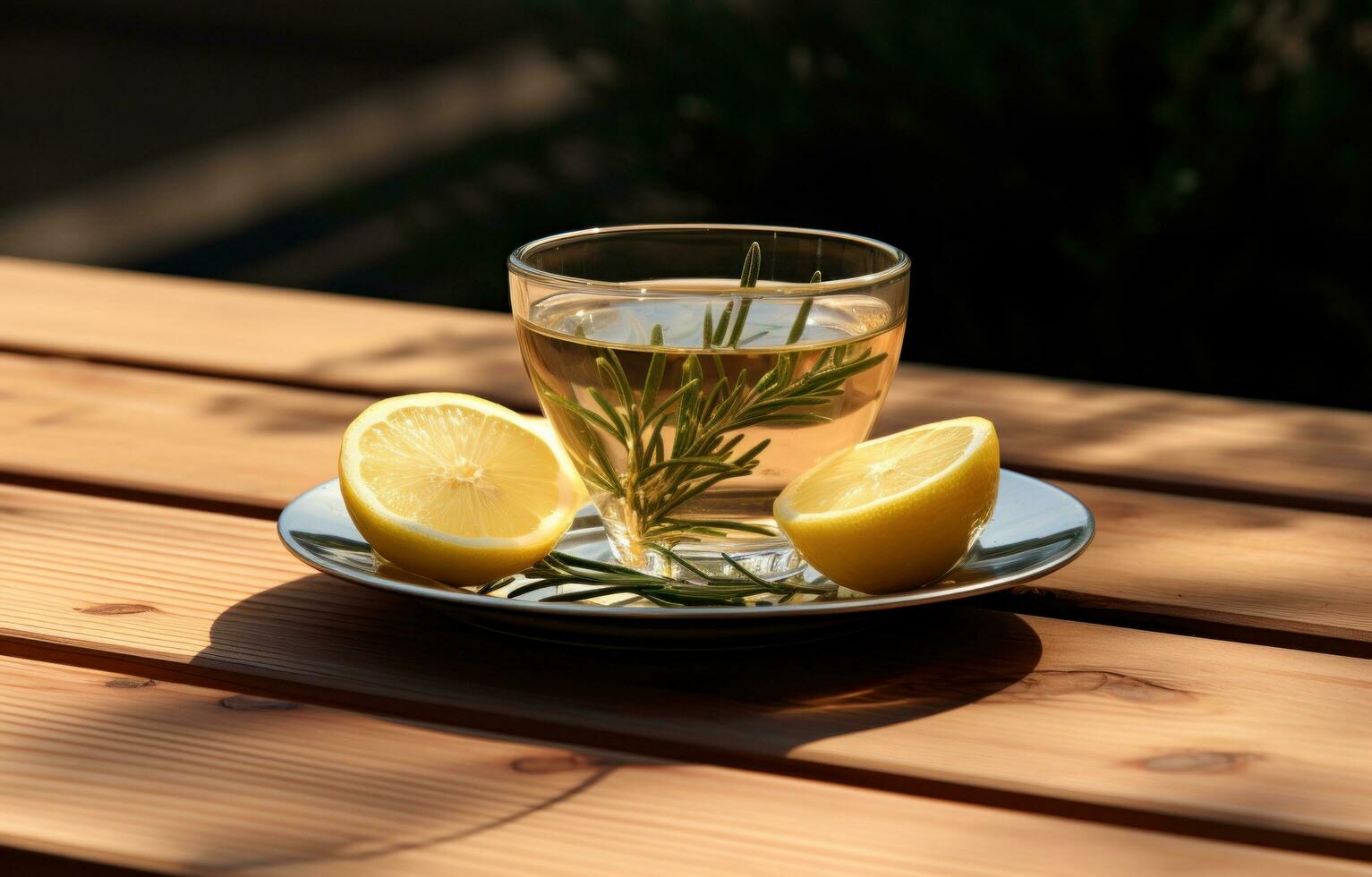 AI generated rosemary tea and lemon on the wooden table photo