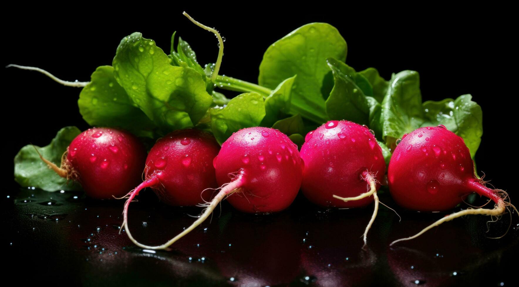 AI generated radishes on a black background with water drops photo