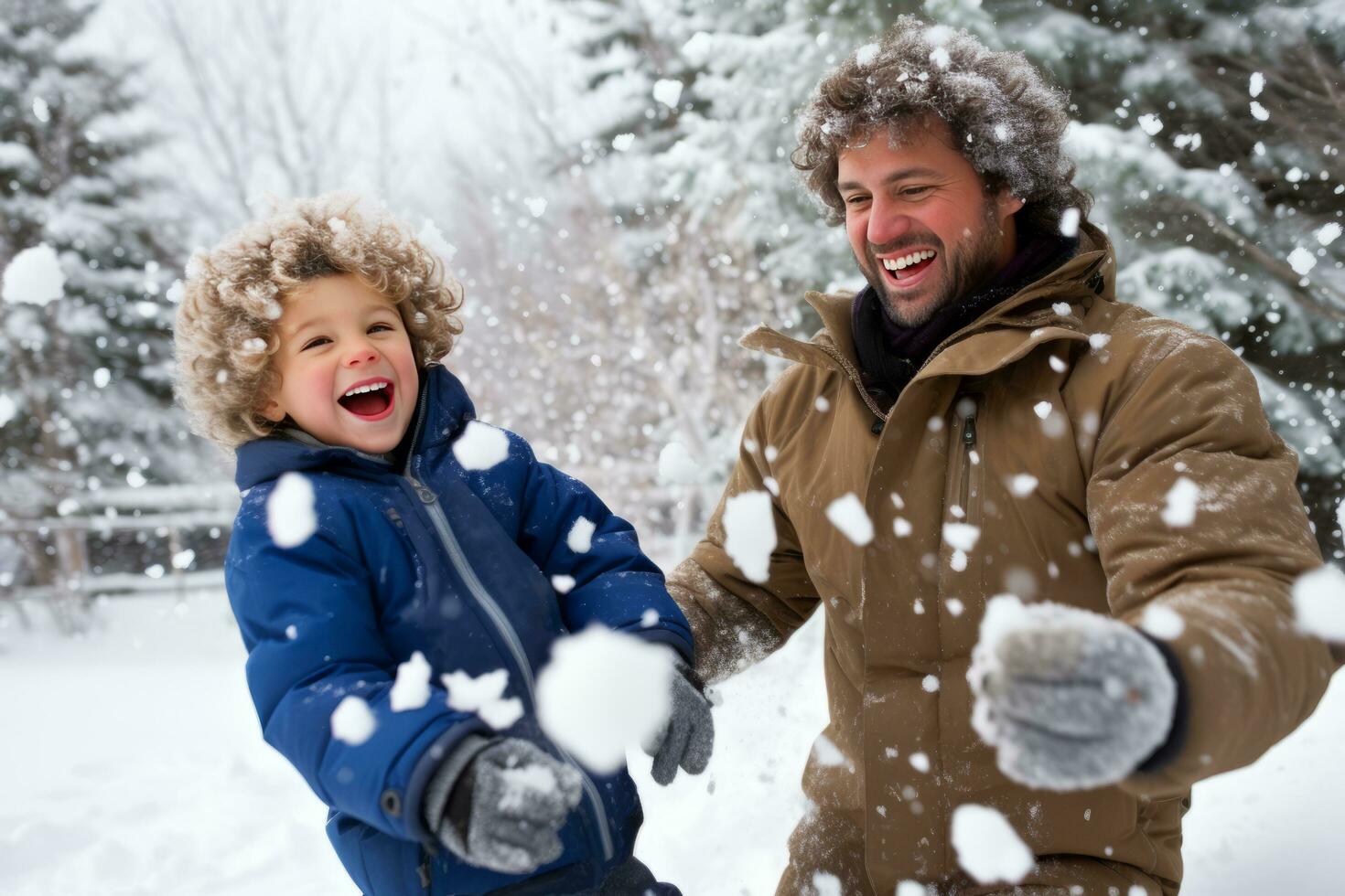 ai generado papá y hijo disfrutar un Nevado día, juguetón bola de nieve peleas foto