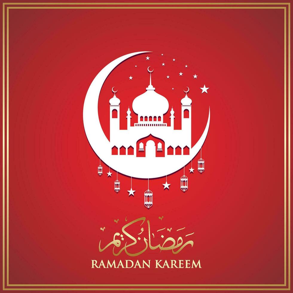 Vector Moon and Mosque  in Red Background with Ramadan Kareem Greetings. Silhouette Vector Illustration
