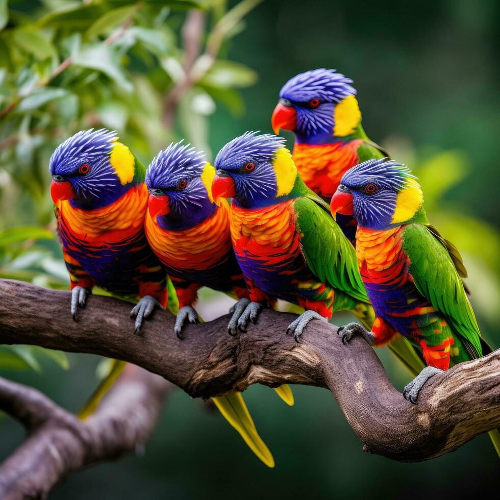AI generated A group of brightly colored lorikeets perched on a tree branch photo