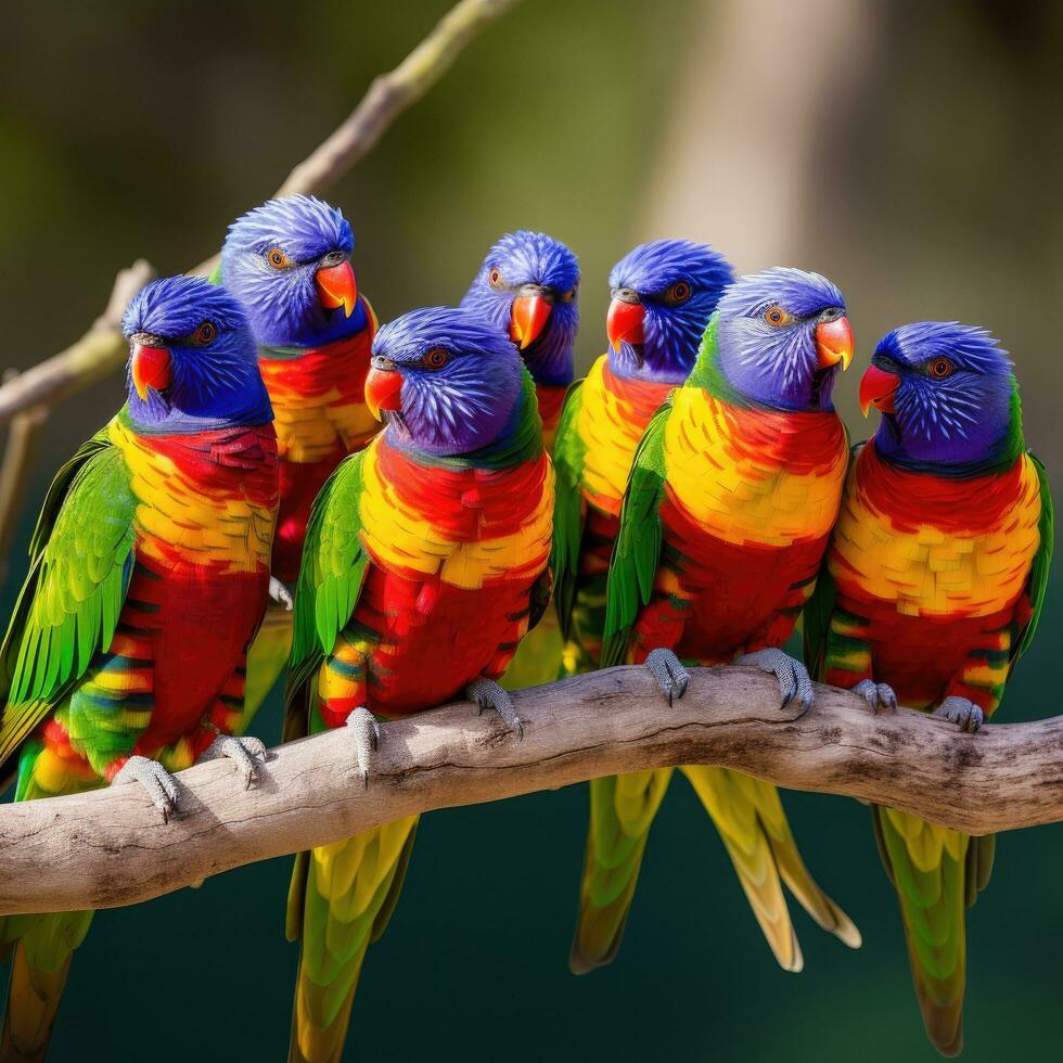 AI generated A group of brightly colored lorikeets perched on a tree branch photo