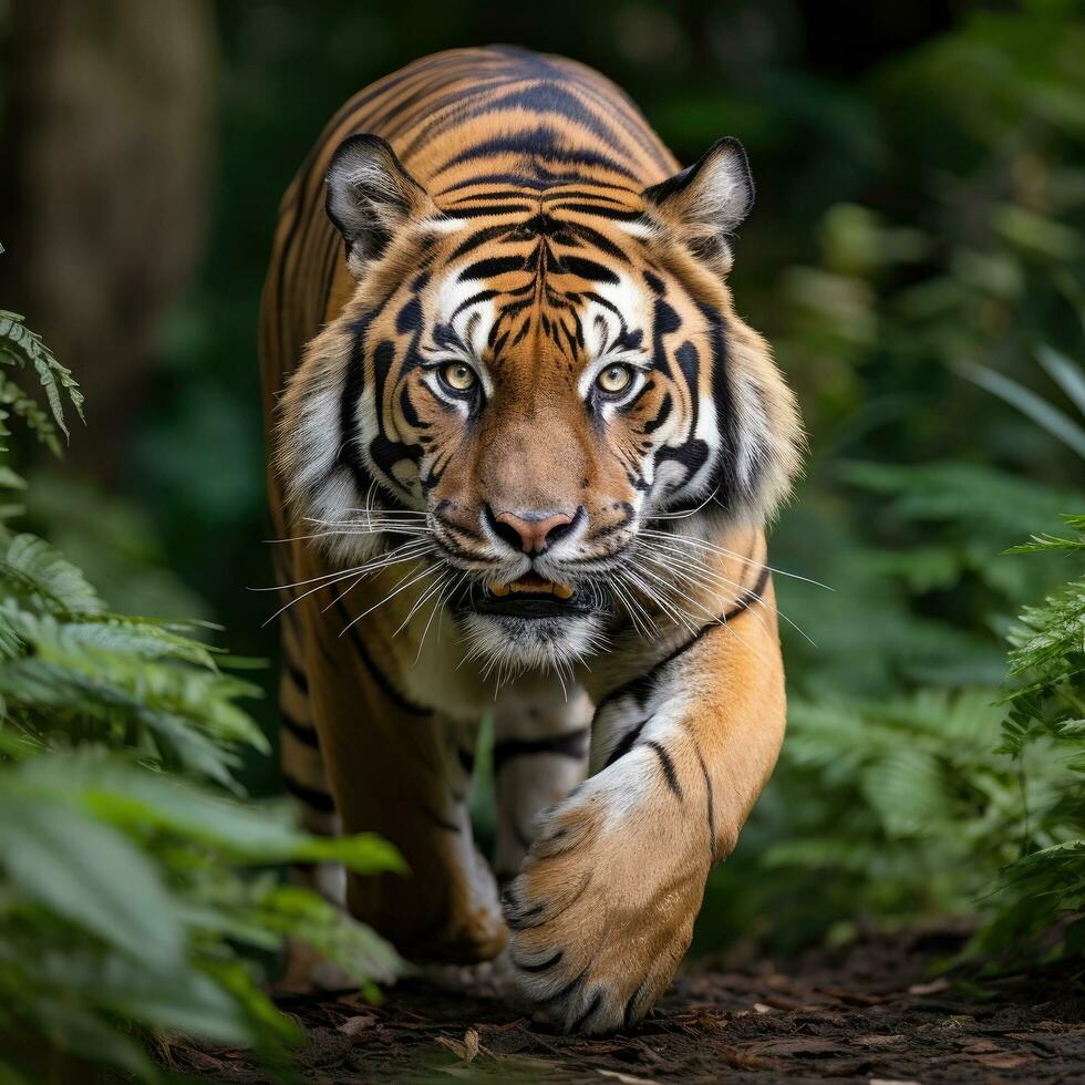 ai generado un majestuoso Bengala tigre, con sus sorprendentes naranja y negro Saco foto