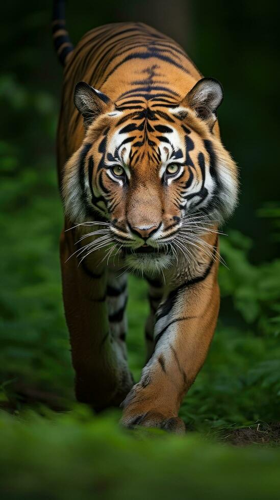 ai generado un majestuoso Bengala tigre, con sus sorprendentes naranja y negro Saco foto