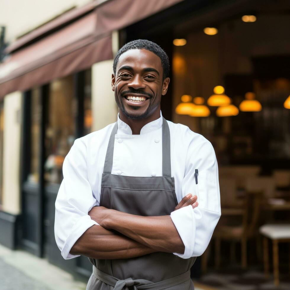 AI generated chef standing proudly in front of a restaurant, wearing his chef's jacket and a big smile photo