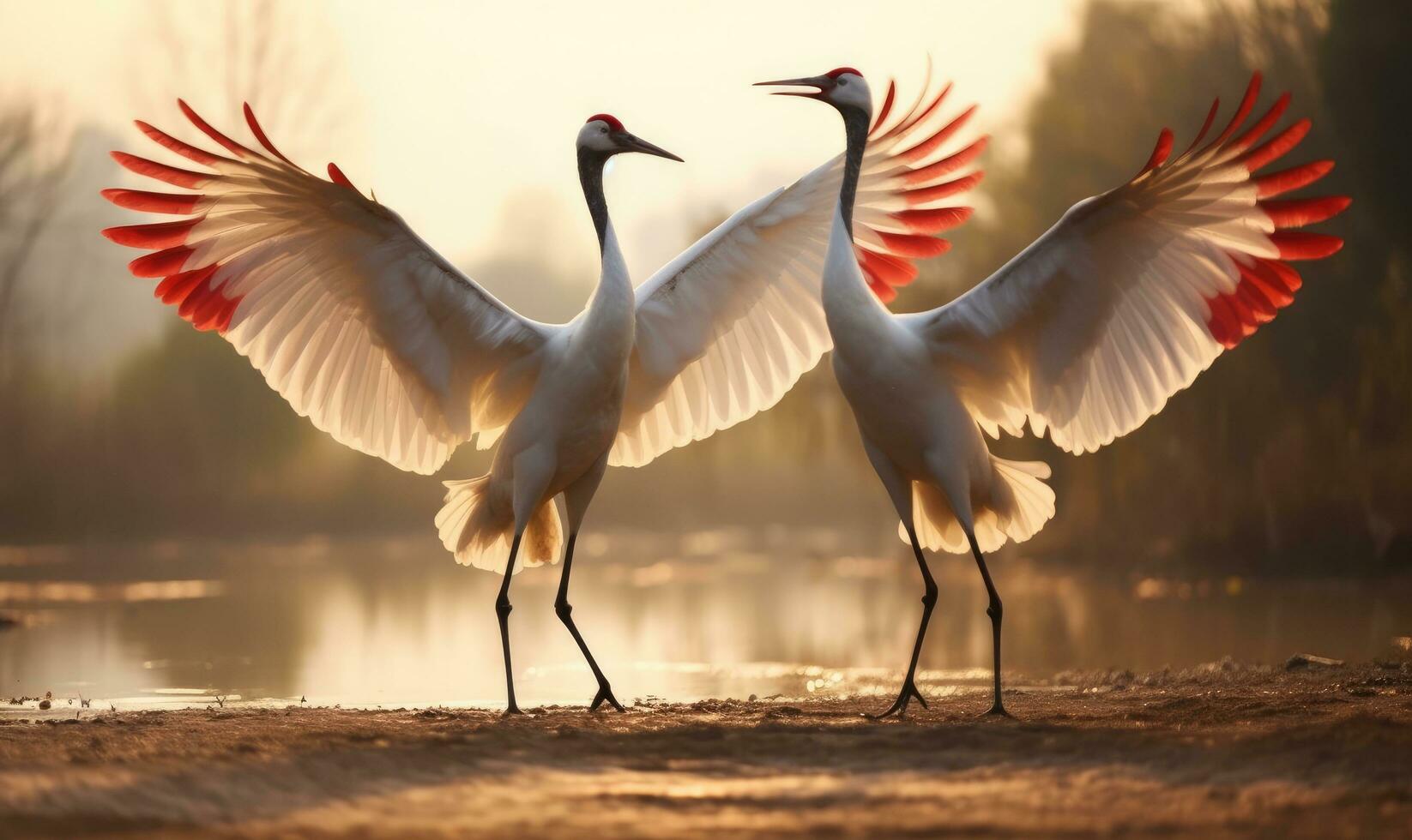 AI generated a pair of cranes take off photo