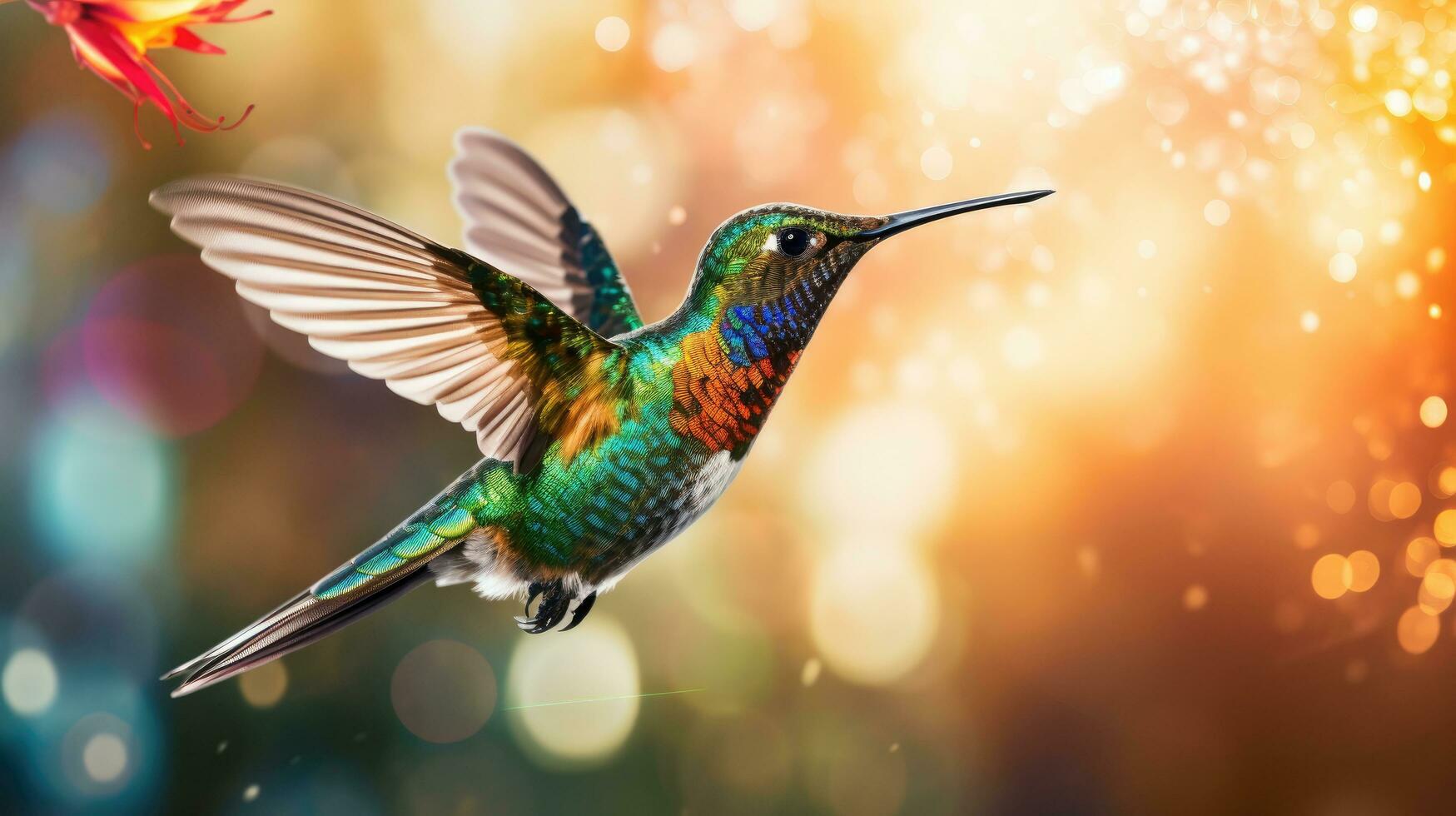 AI generated A vibrant hummingbird hovering in mid-air, its iridescent feathers glinting in the sunlight photo