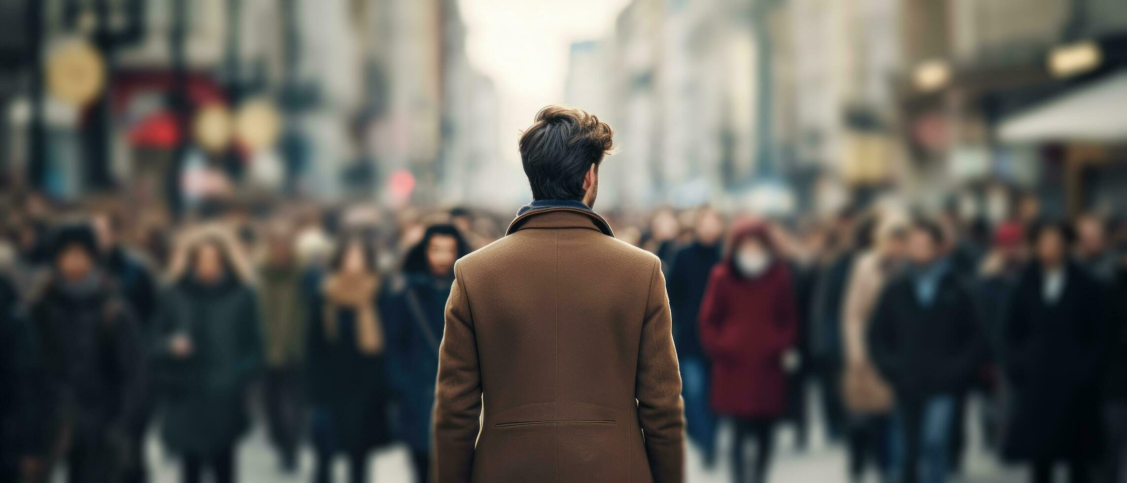 AI generated a person is walking through a crowd of people on a city street photo