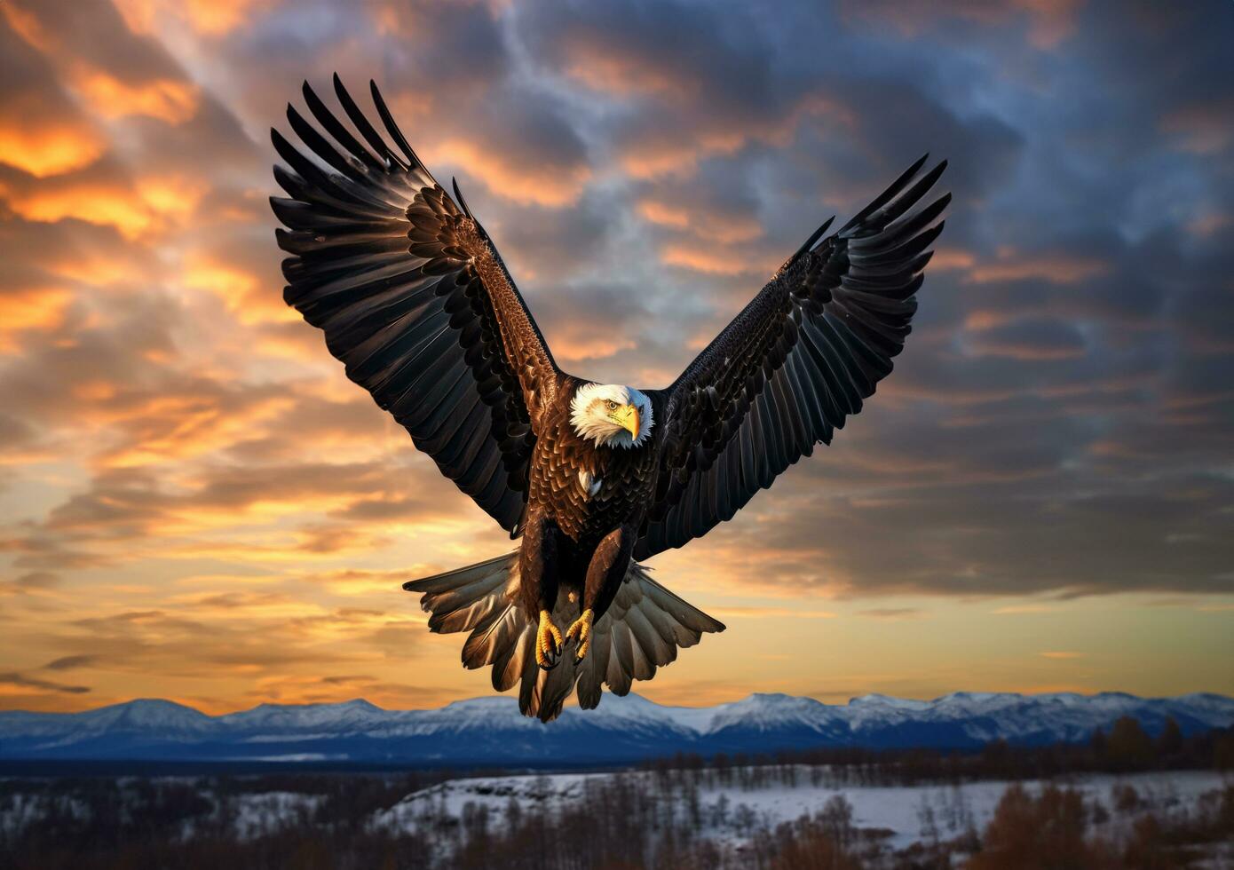 AI generated A majestic eagle soaring through the sky, with its powerful wings extended photo