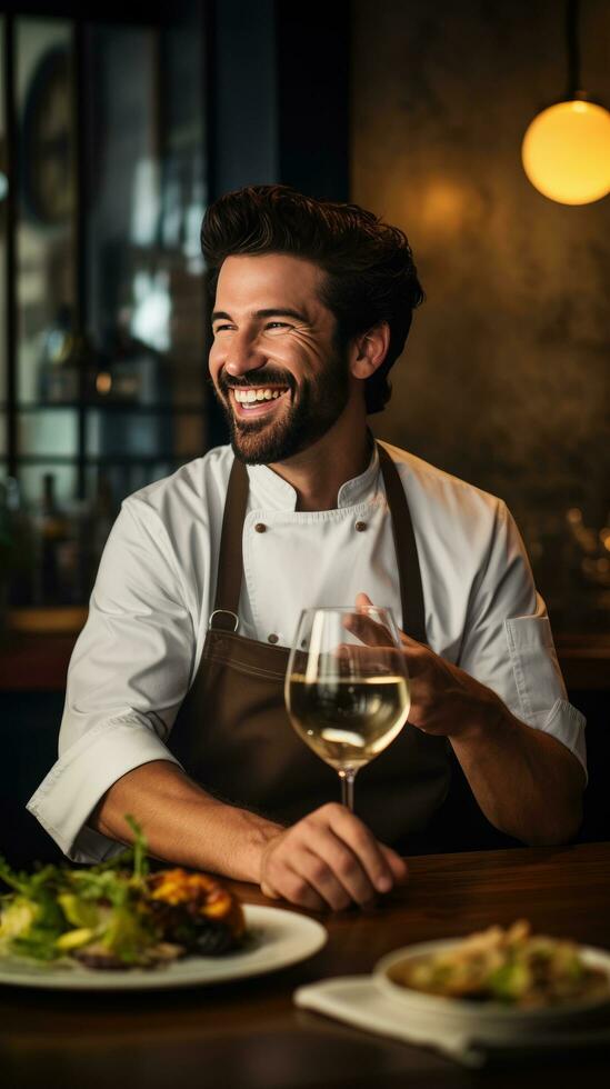 AI generated A photo of a chef enjoying a glass of wine and a delicious meal
