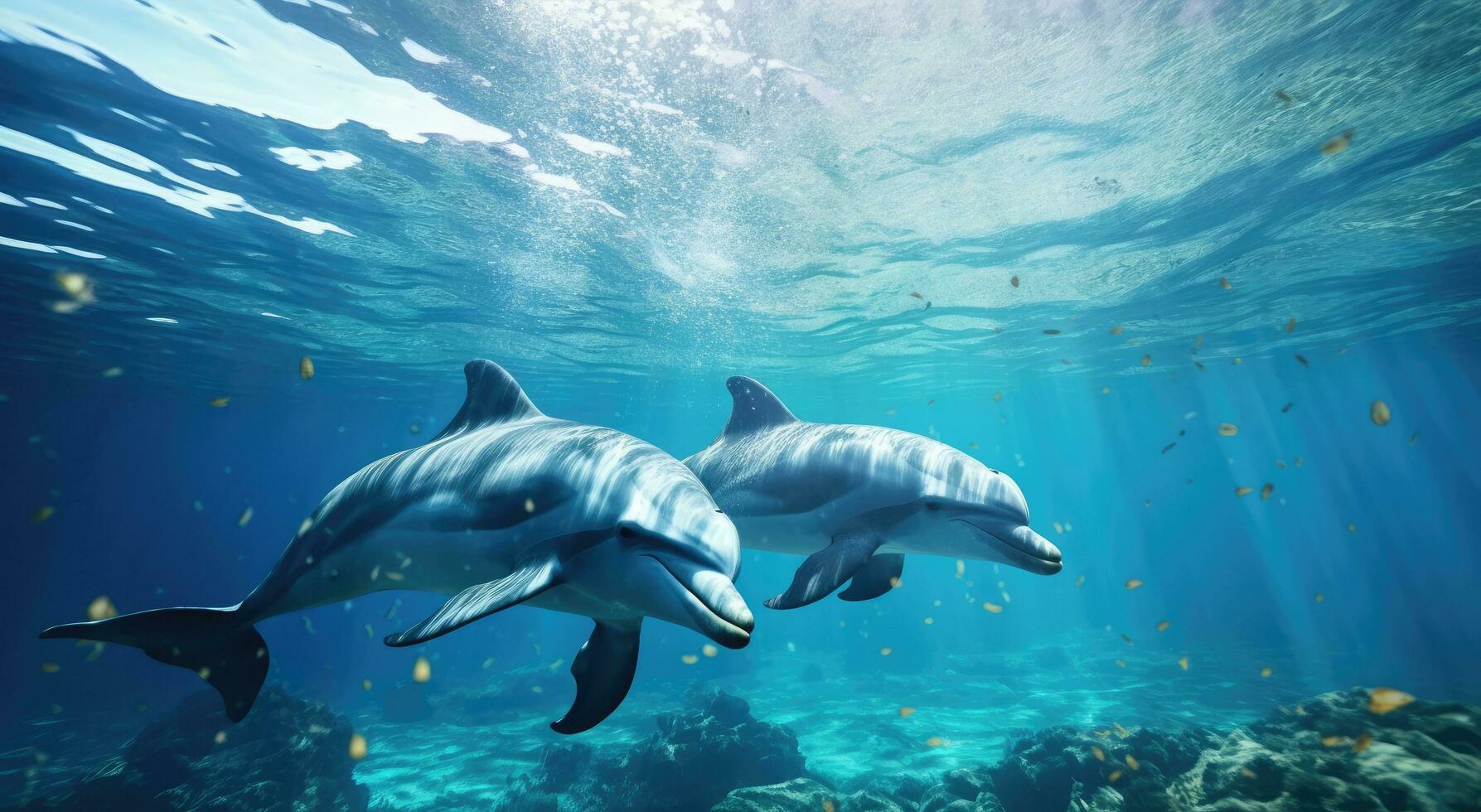 AI generated dolphin and dolphins swimming in the ocean with sun out photo