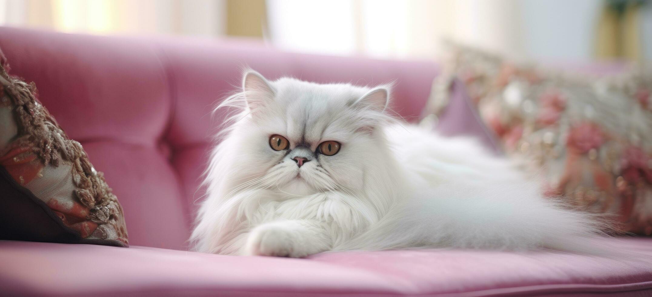 ai generado un persa gato pone en parte superior de un rosado sofá foto