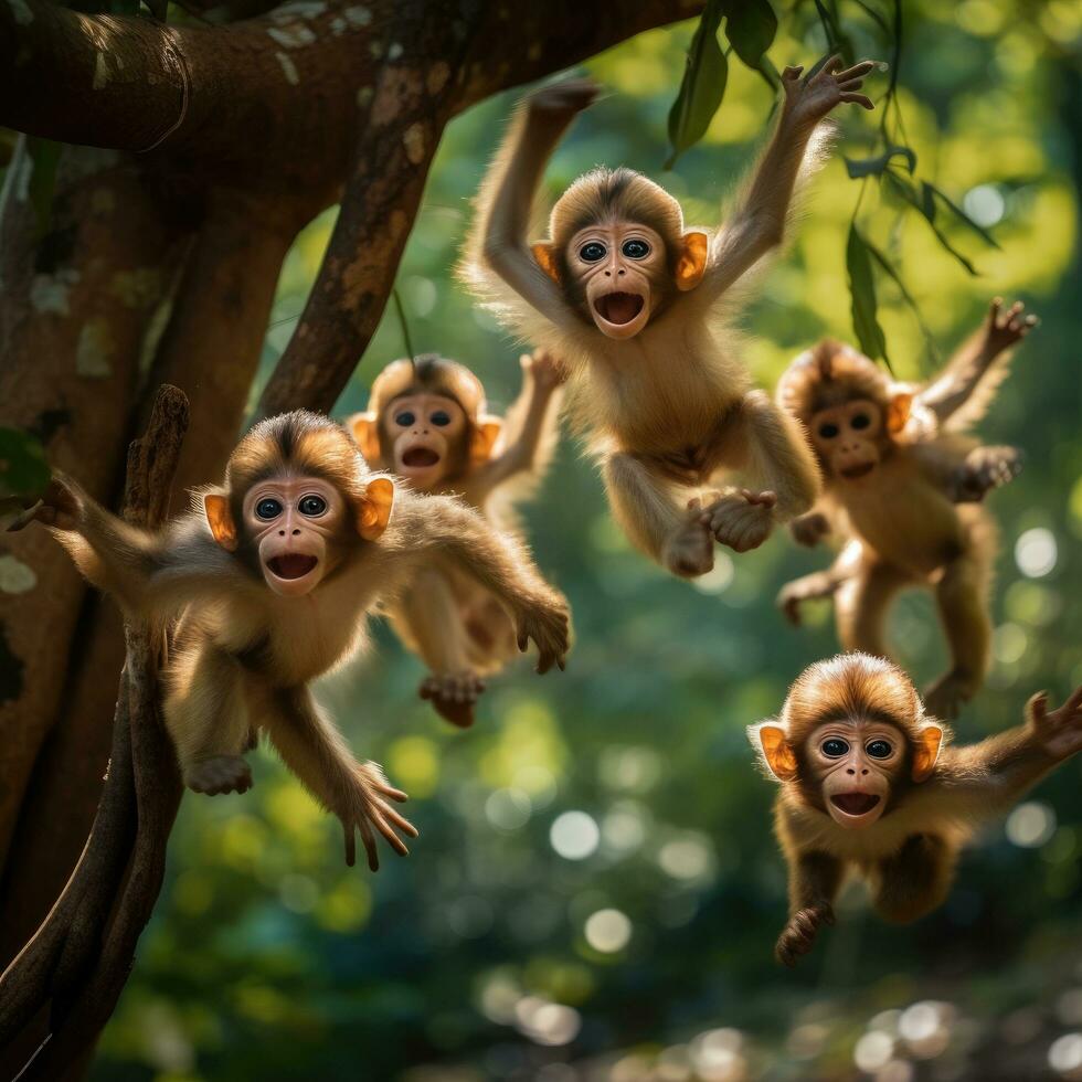 AI generated A playful group of monkeys swings through the trees photo