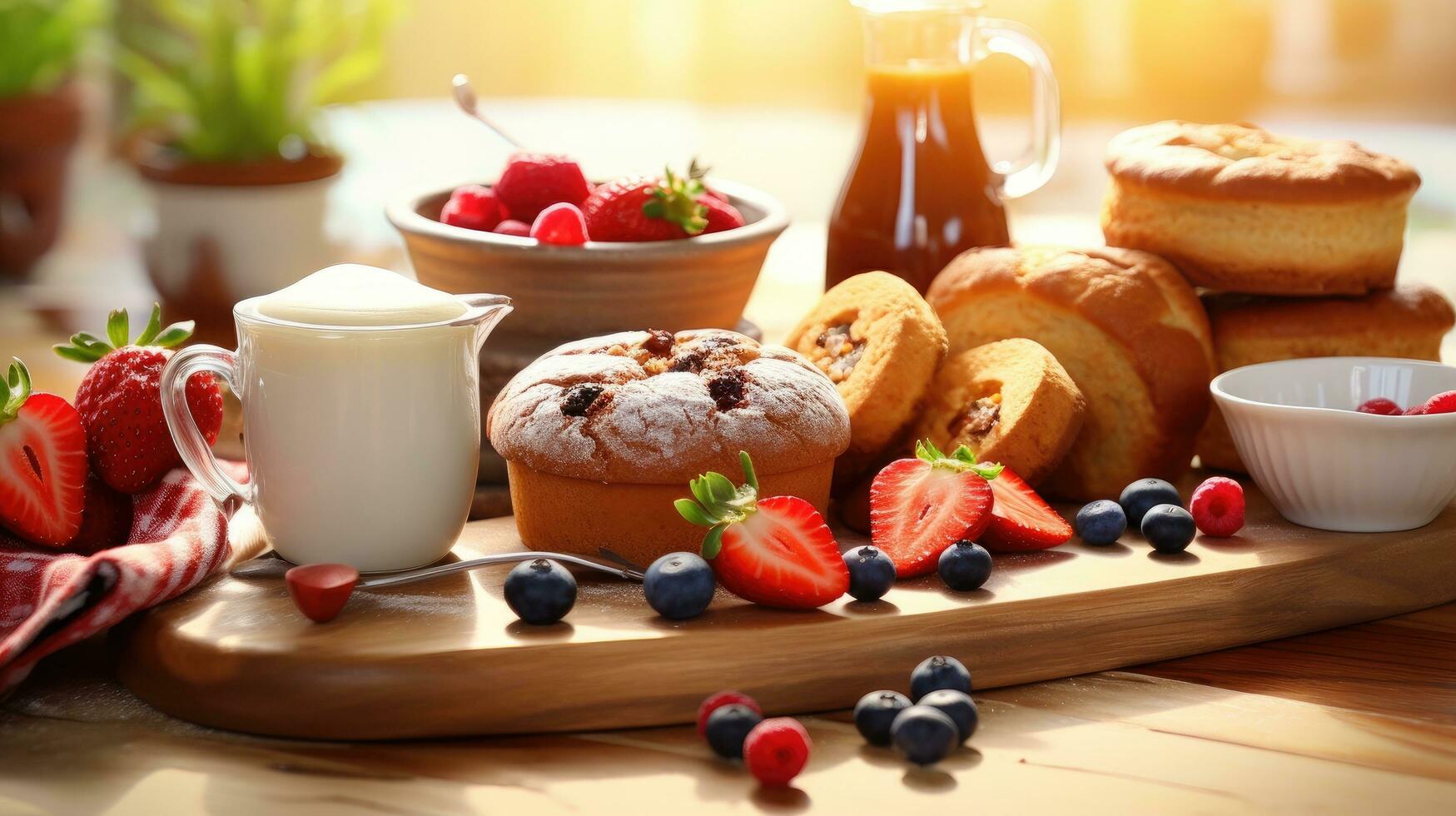 AI generated Tasty breakfast scene with a variety of delicious treats, leaving room for your message photo